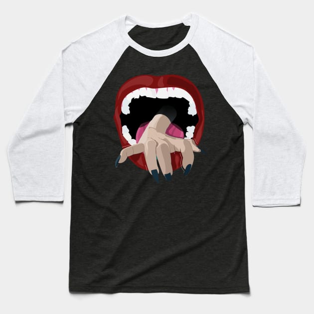 Creepy Hand Coming Out Of Mouth Graphic Illustration Baseball T-Shirt by StreetDesigns